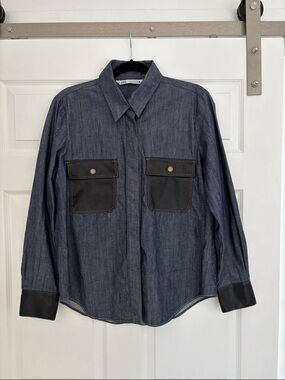 Zara Dark Blue Denim Button-Down Shirt with Black Pocket & Cuff Trim